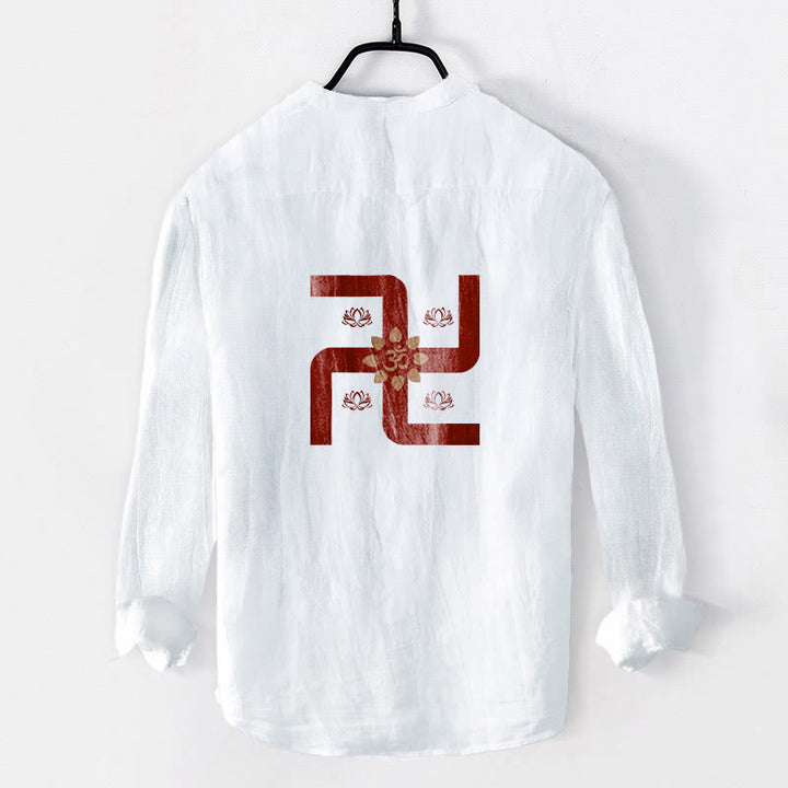 Buddha Stones , halbe Knöpfe, Lotus, Hakenkreuz, Om-Symbol-Muster, Herren-Langarmhemd aus Baumwolle und Leinen - image 8