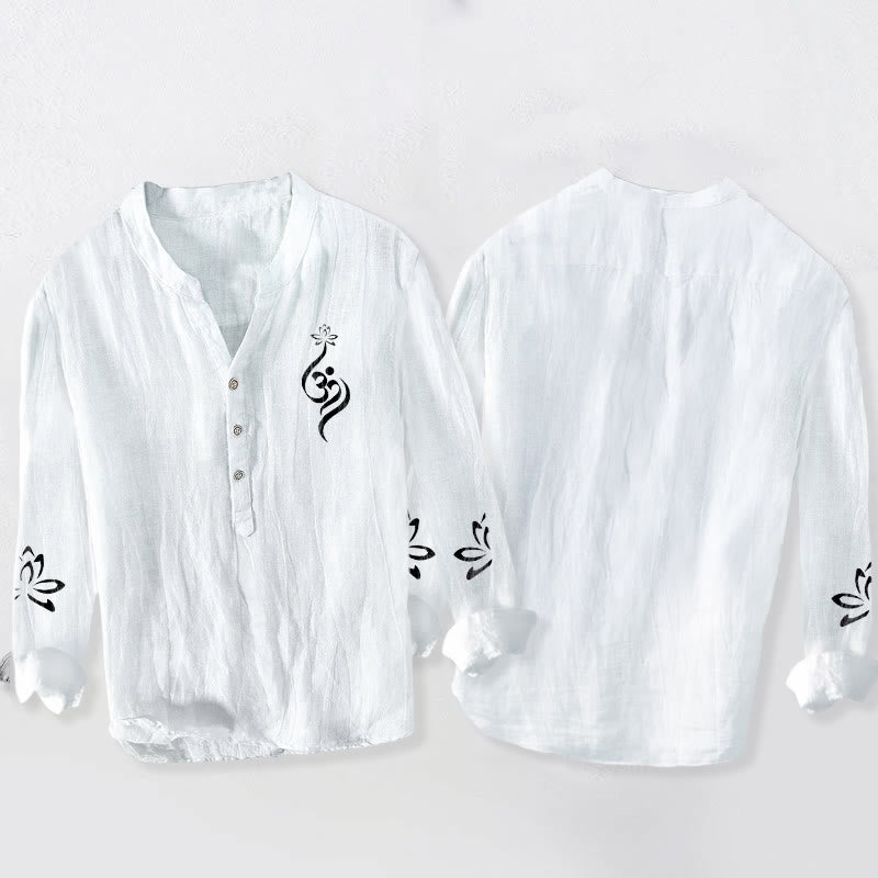 Herren Langarmhemd aus Baumwolle und Leinen mit Buddha Stones und halben Knöpfen, Lotus-Om-Symbol, bedrucktes Muster - image 8