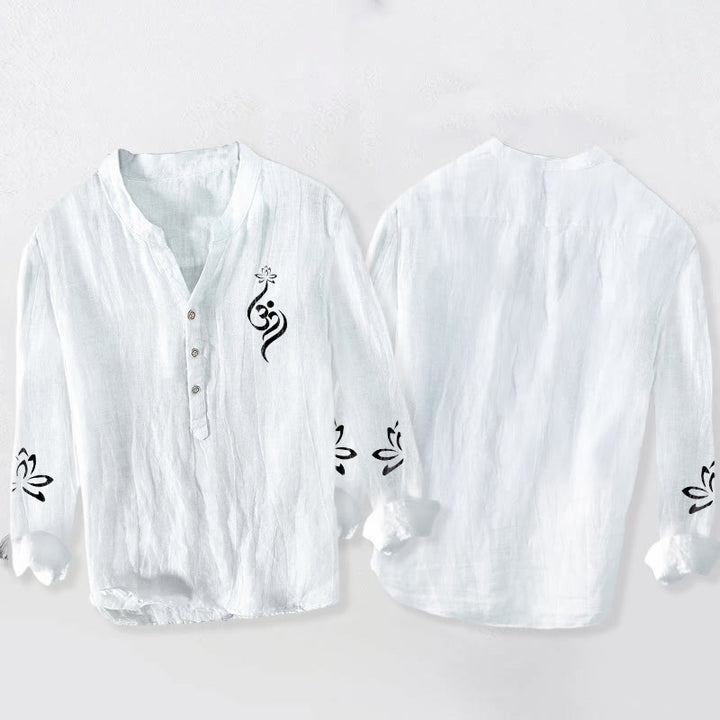 Herren Langarmhemd aus Baumwolle und Leinen mit Buddha Stones und halben Knöpfen, Lotus-Om-Symbol, bedrucktes Muster - image 8