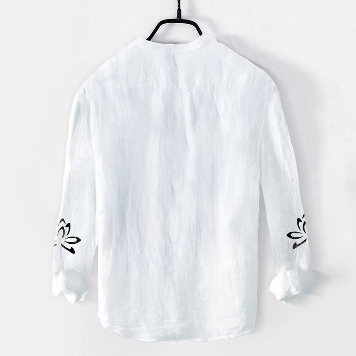 Herren Langarmhemd aus Baumwolle und Leinen mit Buddha Stones und halben Knöpfen, Lotus-Om-Symbol, bedrucktes Muster - image 7