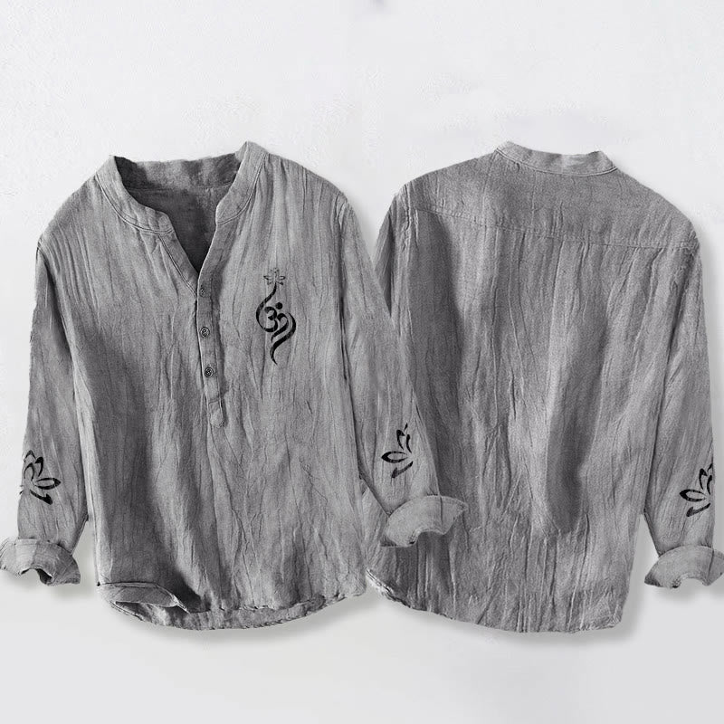 Herren Langarmhemd aus Baumwolle und Leinen mit Buddha Stones und halben Knöpfen, Lotus-Om-Symbol, bedrucktes Muster - image 2