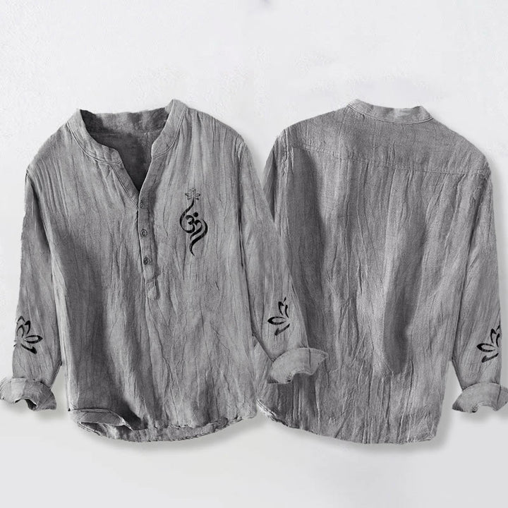 Herren Langarmhemd aus Baumwolle und Leinen mit Buddha Stones und halben Knöpfen, Lotus-Om-Symbol, bedrucktes Muster - image 2