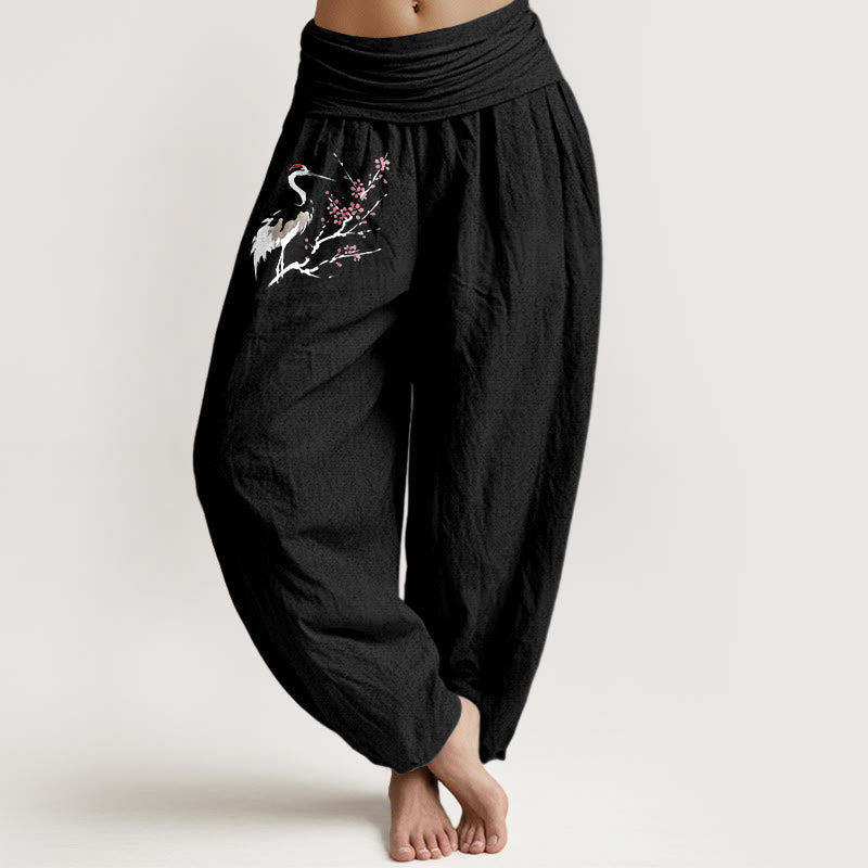 Damen Haremshose aus reiner Baumwolle mit Buddha Stones und Kranich-Muster und elastischer Taille - Schwarz - US22, UK/AU26,EU54 (6XL) - image 5
