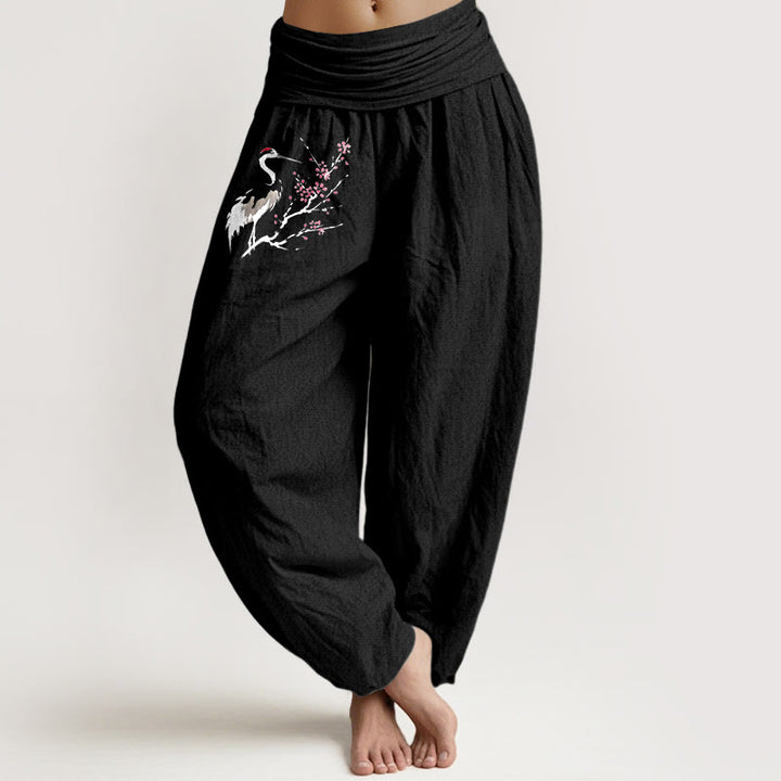 Damen Haremshose aus reiner Baumwolle mit Buddha Stones und Kranich-Muster und elastischer Taille - Schwarz - US22, UK/AU26,EU54 (6XL) - image 5