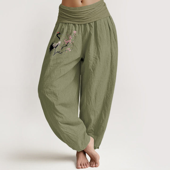 Damen Haremshose aus reiner Baumwolle mit Buddha Stones und Kranich-Muster und elastischer Taille - Olivgrün - US22, UK/AU26,EU54 (6XL) - image 14