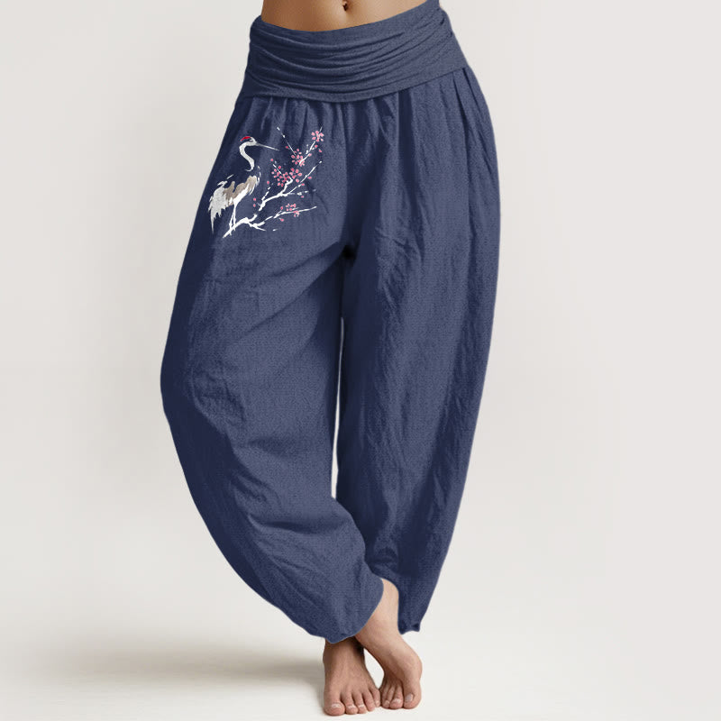 Damen Haremshose aus reiner Baumwolle mit Buddha Stones und Kranich-Muster und elastischer Taille - DunkelSchieferblau - US22, UK/AU26,EU54 (6XL) - image 0