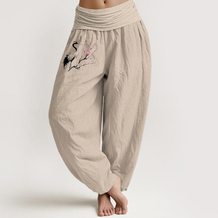 Damen Haremshose aus reiner Baumwolle mit Buddha Stones und Kranich-Muster und elastischer Taille - Bräunen - US22, UK/AU26,EU54 (6XL) - image 11