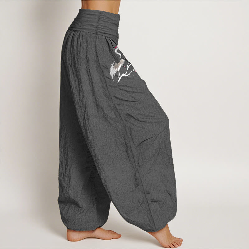 Damen Haremshose aus reiner Baumwolle mit Buddha Stones und Kranich-Muster und elastischer Taille - image 9