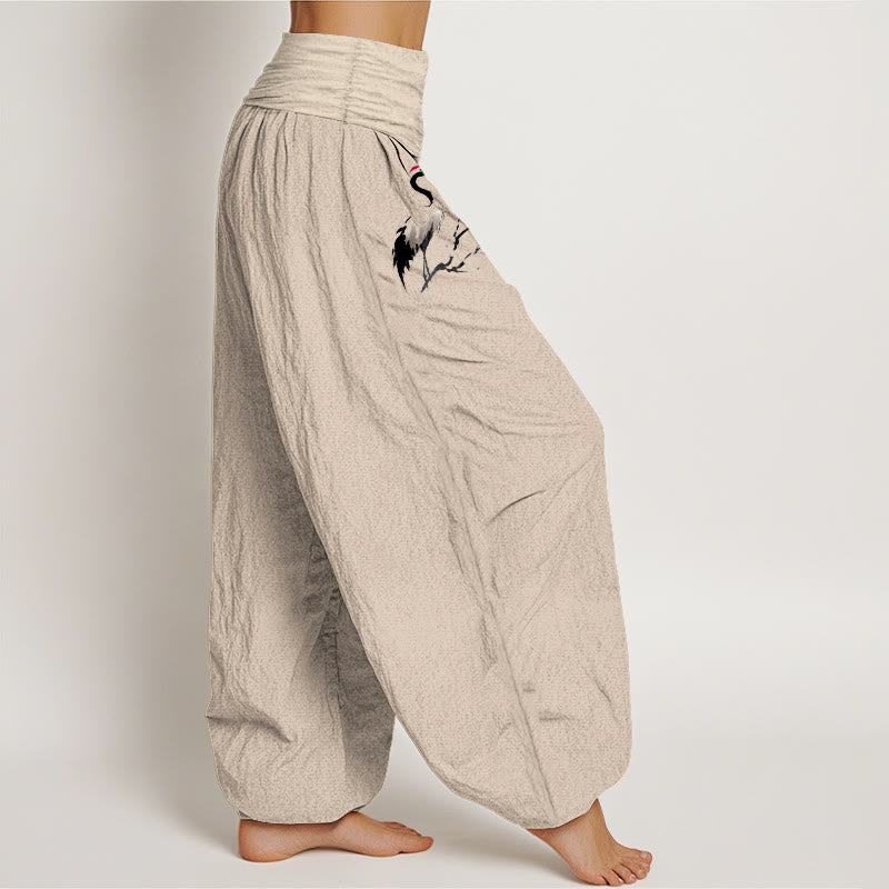 Damen Haremshose aus reiner Baumwolle mit Buddha Stones und Kranich-Muster und elastischer Taille - image 12