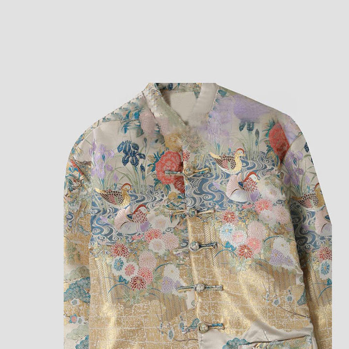 Buddha Stones Mandarin Duck Pfingstrose Blume Frosch-Knopf Langarm Herrenjacke mit Taschen - image 2