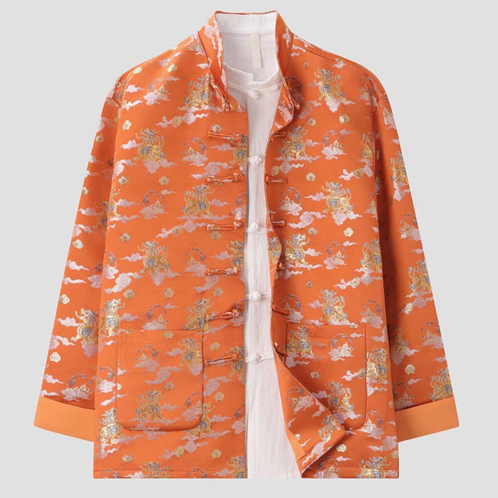 Buddha Stones Orange Kirin Auspicious Clouds Frog-Button Langarm Herrenjacke mit Taschen - image 2