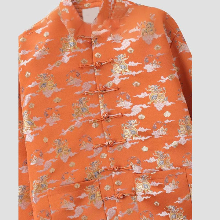 Buddha Stones Orange Kirin Auspicious Clouds Frog-Button Langarm Herrenjacke mit Taschen - image 3