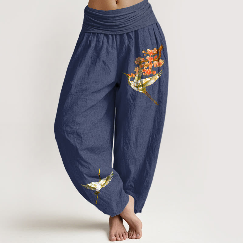Buddha Stones Damen Haremshose aus reiner Baumwolle mit einfarbigem Kranich-Pfirsichblüten-Muster und elastischer Taille - DunkelSchieferblau - US22, UK/AU26,EU54 (6XL) - image 5