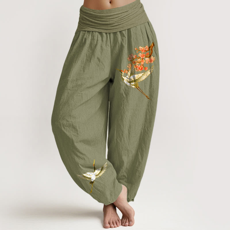 Buddha Stones Damen Haremshose aus reiner Baumwolle mit einfarbigem Kranich-Pfirsichblüten-Muster und elastischer Taille - Olivgrün - US22, UK/AU26,EU54 (6XL) - image 14