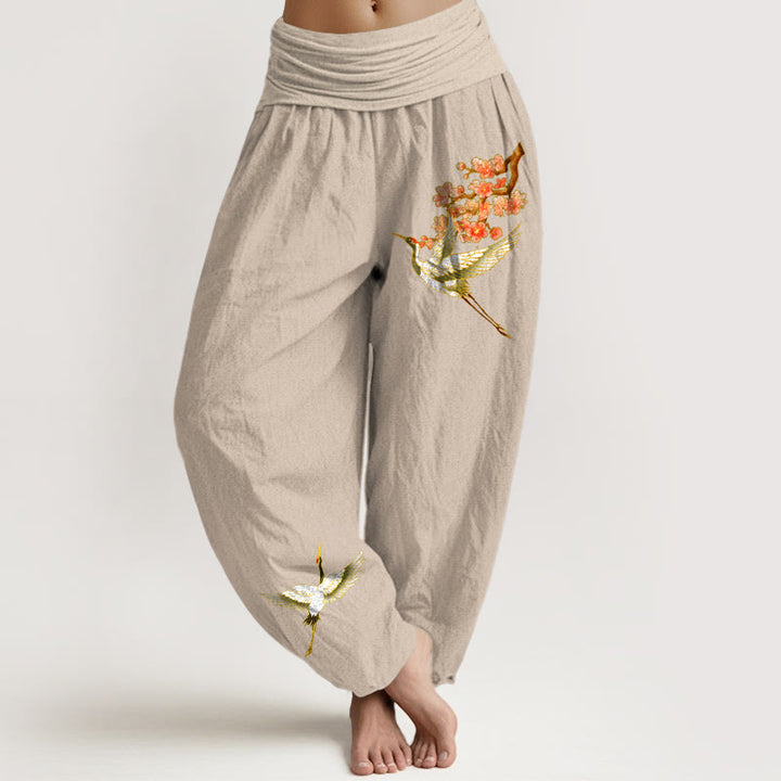 Buddha Stones Damen Haremshose aus reiner Baumwolle mit einfarbigem Kranich-Pfirsichblüten-Muster und elastischer Taille - Bräunen - US22, UK/AU26,EU54 (6XL) - image 11