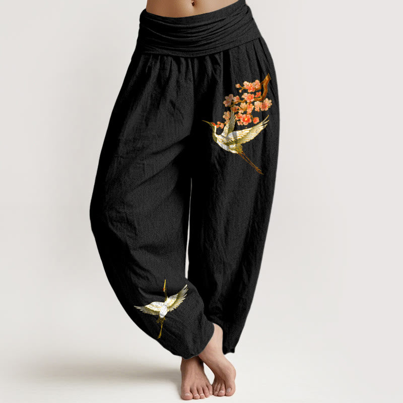 Buddha Stones Damen Haremshose aus reiner Baumwolle mit einfarbigem Kranich-Pfirsichblüten-Muster und elastischer Taille - Schwarz - US22, UK/AU26,EU54 (6XL) - image 0