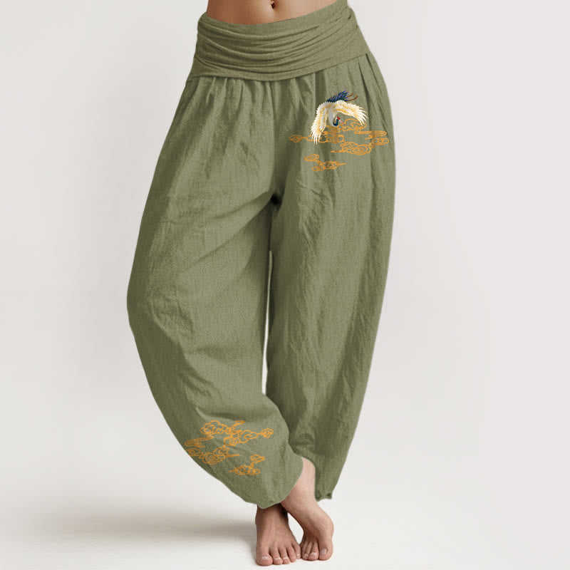 Buddha Stones Plain Crane Auspicious Clouds Pattern Damen Haremshose aus Baumwolle mit elastischer Taille - Olivgrün - US22, UK/AU26,EU54 (6XL) - image 14
