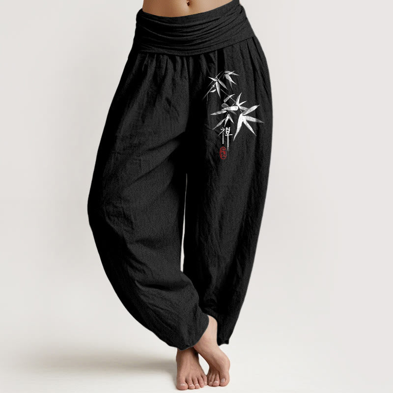 Buddha Stones Damen-Haremshose aus reiner Baumwolle mit Bambus-Zen-Muster und elastischer Taille - Schwarz - US22, UK/AU26,EU54 (6XL) - image 5