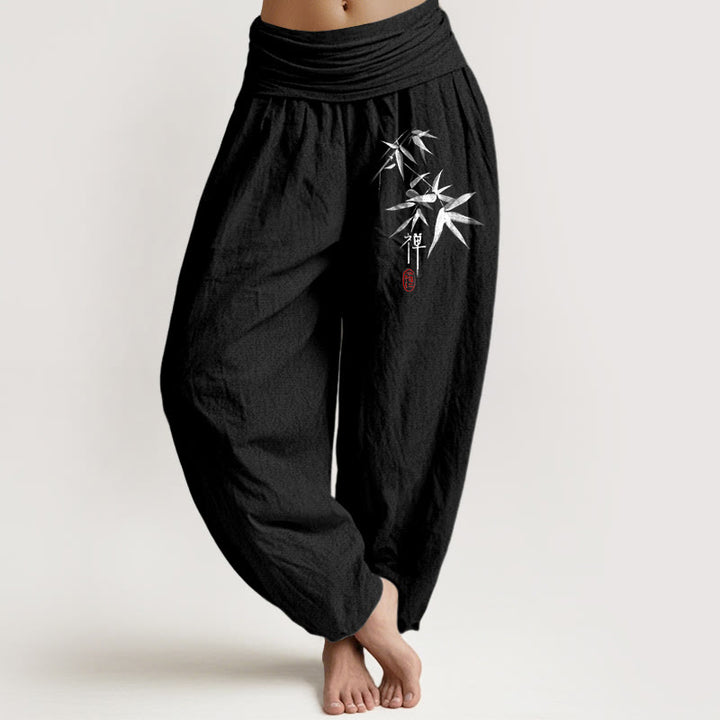 Buddha Stones Damen-Haremshose aus reiner Baumwolle mit Bambus-Zen-Muster und elastischer Taille - Schwarz - US22, UK/AU26,EU54 (6XL) - image 5