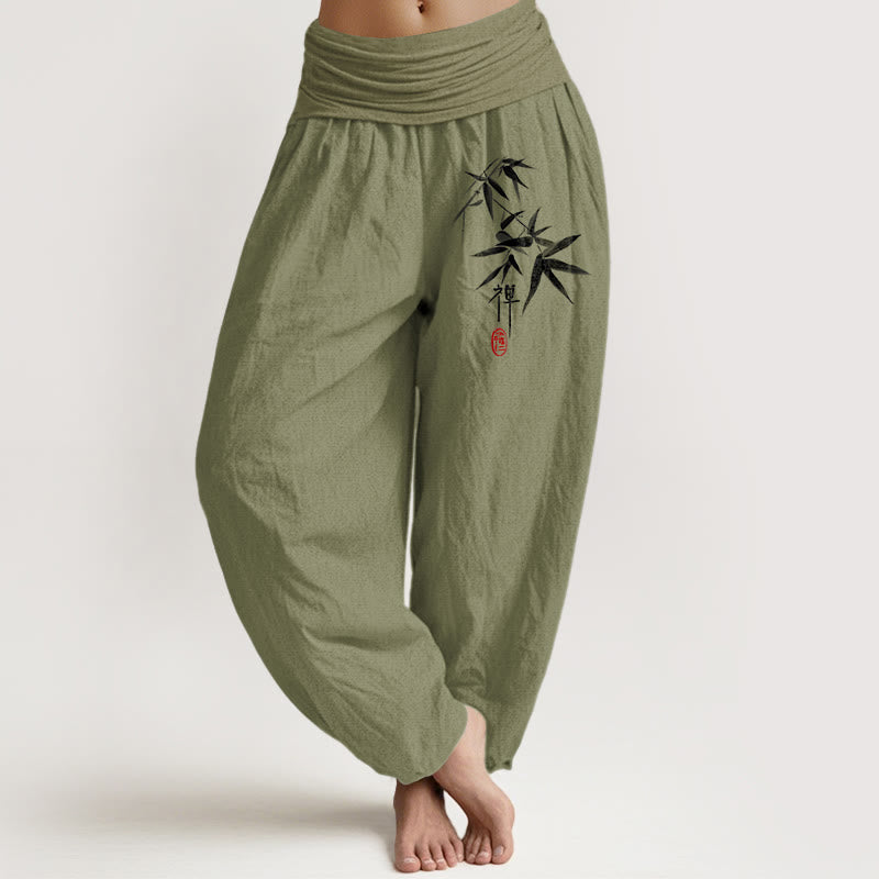 Buddha Stones Damen-Haremshose aus reiner Baumwolle mit Bambus-Zen-Muster und elastischer Taille - Olivgrün - US22, UK/AU26,EU54 (6XL) - image 14