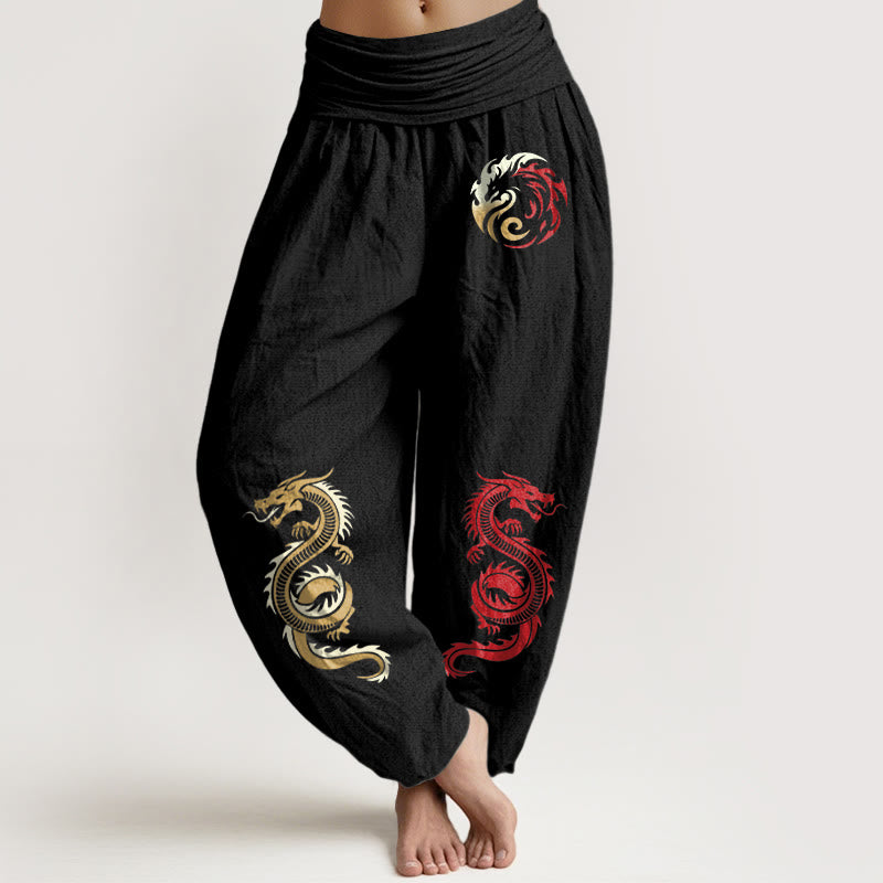 Buddha Stones Damen-Haremshose mit elastischer Taille und Drachenmuster aus reiner Baumwolle - Schwarz - US22, UK/AU26,EU54 (6XL) - image 0