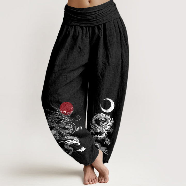 Buddha Stones Damen-Haremshose aus reiner Baumwolle mit Drachen-Sonne-Mond-Muster und elastischer Taille - Schwarz - US22, UK/AU26,EU54 (6XL) - image 0