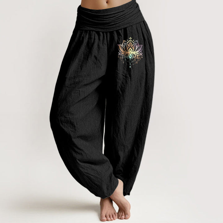 Buddha Stones Damen-Haremshose aus reiner Baumwolle mit regenbogenfarbenem Lotusmuster und elastischer Taille - Schwarz - US22, UK/AU26,EU54 (6XL) - image 5
