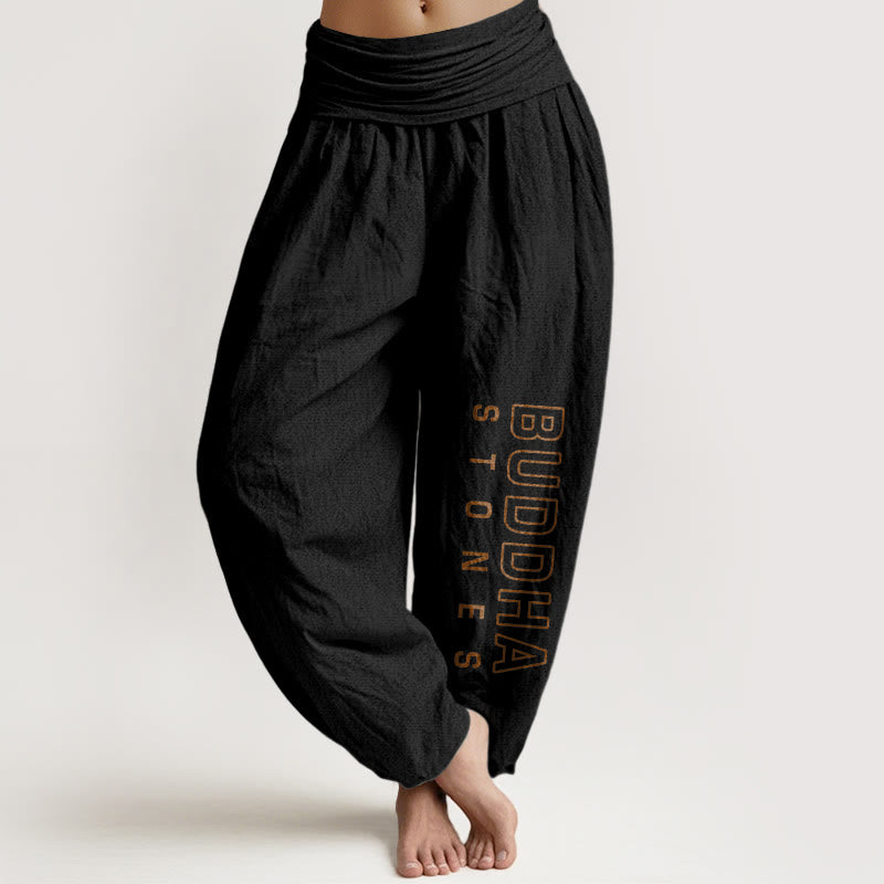 Buddha Stones Einfarbige Haremshose aus reiner Baumwolle mit dem Wort „Buddha Stones“ für Damen mit elastischer Taille - Schwarz - US22, UK/AU26,EU54 (6XL) - image 5