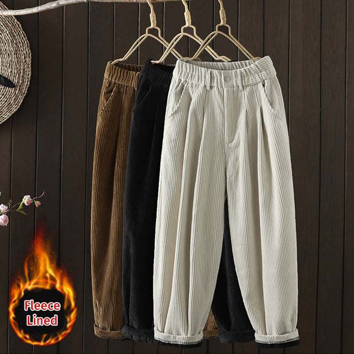 Buddha Stones Damen Winter Haremshose aus Cord-Baumwolle mit hoher Taille und Fleecefutter und Taschen - image 23