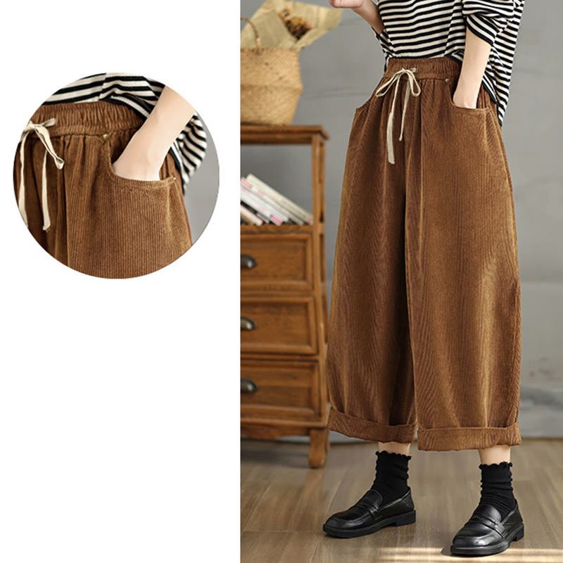 Buddha Stones Damen Cordhose mit kontrastfarbenem Kordelzug und Taschen - image 7
