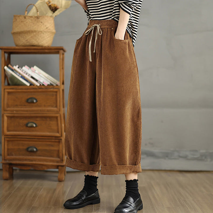 Buddha Stones Damen Cordhose mit kontrastfarbenem Kordelzug und Taschen - image 3