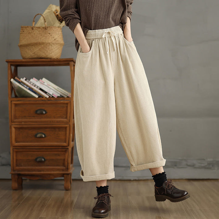 Buddha Stones Damen Cordhose mit kontrastfarbenem Kordelzug und Taschen - image 13