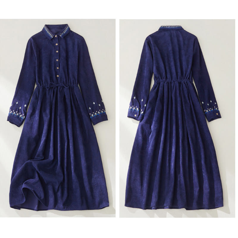 Buddha Stones – Besticktes Blumenmuster – Schnürdesign – Langärmliges Midikleid mit Taschen - image 13