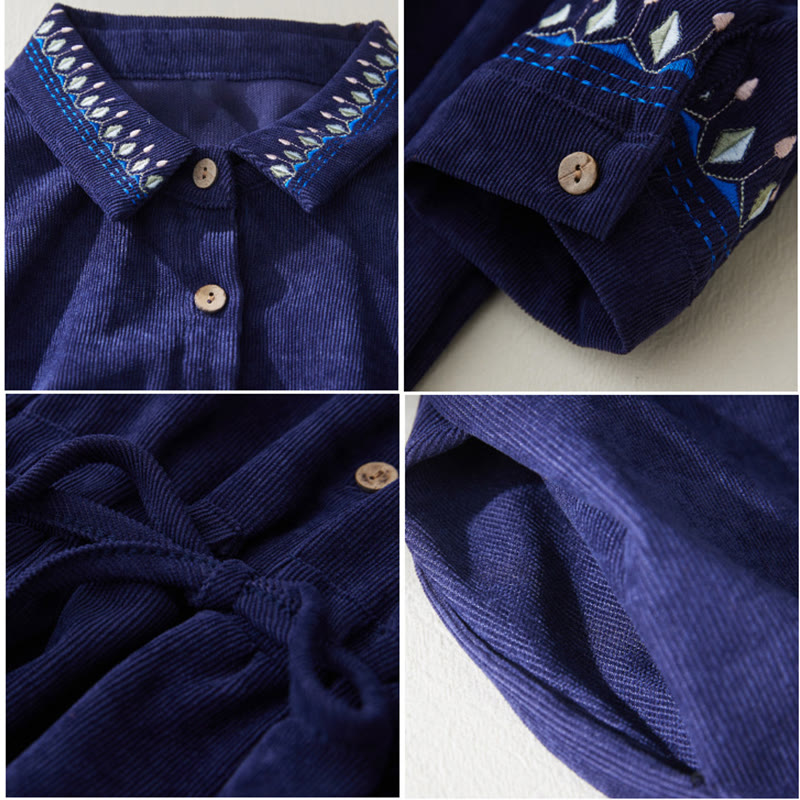 Buddha Stones – Besticktes Blumenmuster – Schnürdesign – Langärmliges Midikleid mit Taschen - image 12