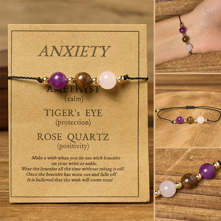 Buddha Stones Amethyst Tigerauge Rosenquarz Schutz Anti-Angst Karte Seil Armband - Runde Perlen (Handgelenkumfang: 14–23 cm) - image 10