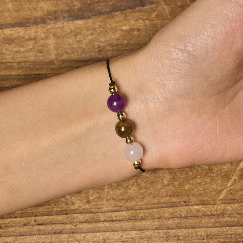 Buddha Stones Amethyst Tigerauge Rosenquarz Schutz Anti-Angst Karte Seil Armband - image 15