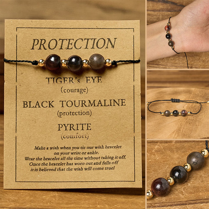 Buddha Stones Tigerauge Schwarzer Turmalin Pyrit Schutzkarte Seil Armband - Runde Perlen (Handgelenkumfang: 14–23 cm) - image 10