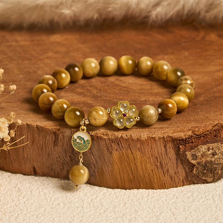 Buddha Stones Armband mit natürlichem goldenem Tigerauge und Glockenblume - Tigerauge und grüne Blume (Handgelenkumfang: 14–16 cm) - image 5