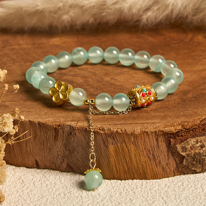 Buddha Stones Tibetischer weißer Achat Kristallstein Blumen Positivität Armband - Blauer Kristall (Handgelenkumfang: 14–16 cm) - image 15