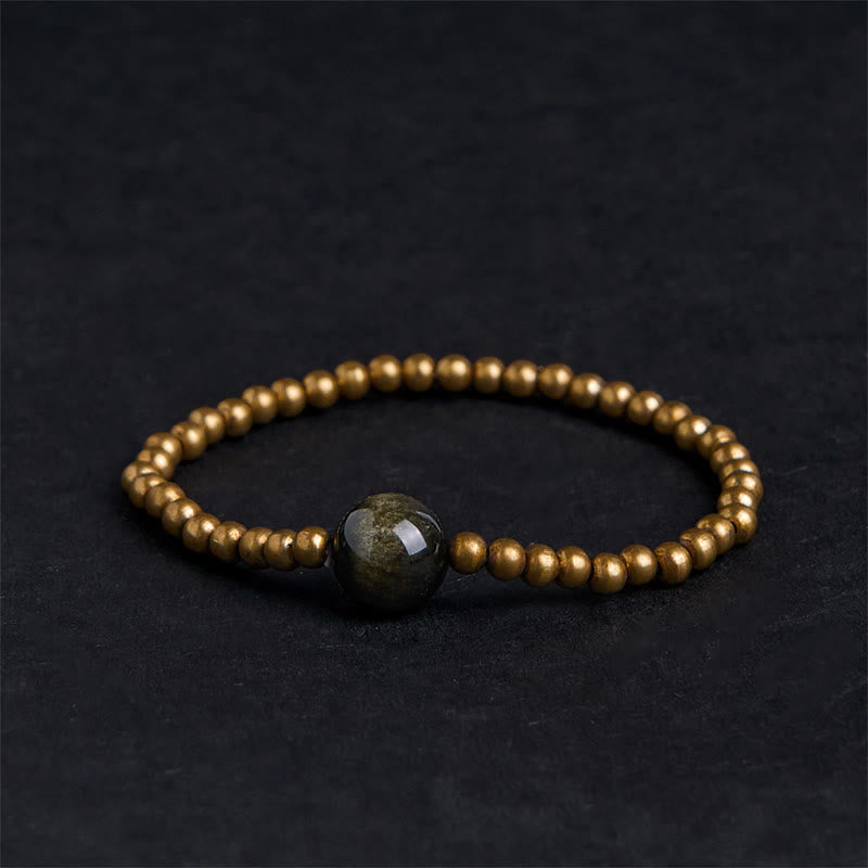 Buddha Stones, vergoldetes Kupfer, Messing, Goldglanz, Obsidian, Schutz, Reichtum, Armband - Kupfermessing und goldglänzender Obsidian (Handgelenkumfang: 14–16 cm) - image 0