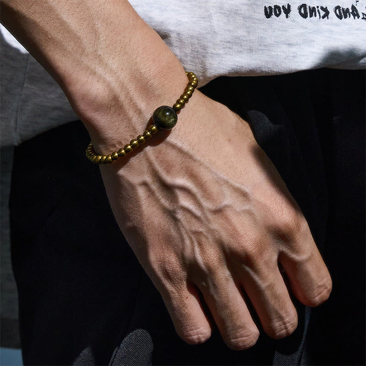 Buddha Stones, vergoldetes Kupfer, Messing, Goldglanz, Obsidian, Schutz, Reichtum, Armband - image 2