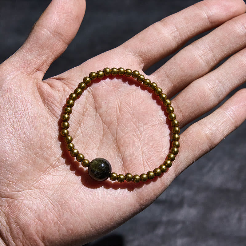 Buddha Stones, vergoldetes Kupfer, Messing, Goldglanz, Obsidian, Schutz, Reichtum, Armband - image 3