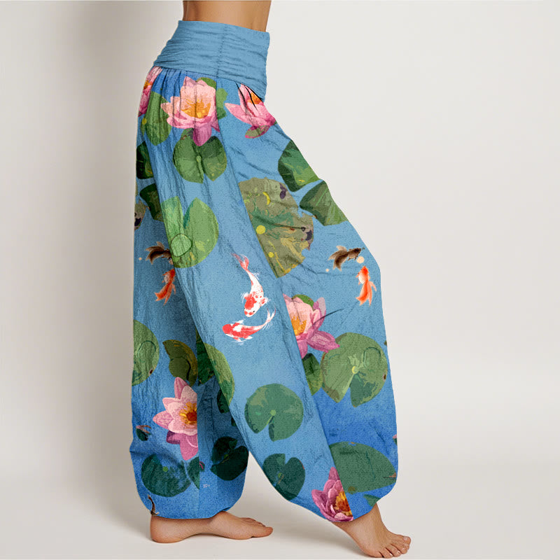 Buddha Stones -Druck, Koi-Fisch, Lotusblumen-Muster, Damen-Haremshose aus reiner Baumwolle mit elastischer Taille - image 1