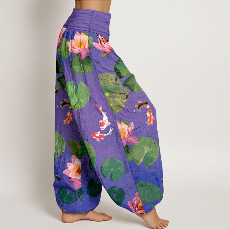 Buddha Stones -Druck, Koi-Fisch, Lotusblumen-Muster, Damen-Haremshose aus reiner Baumwolle mit elastischer Taille - image 9