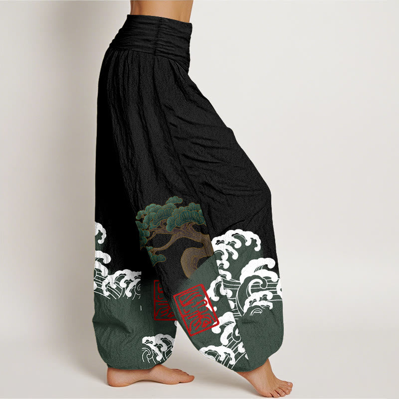 Haremshose aus reiner Baumwolle mit Buddha Stones -Print und Kiefernbaum-Muster mit rollenden Wellen für Damen mit elastischer Taille - image 1