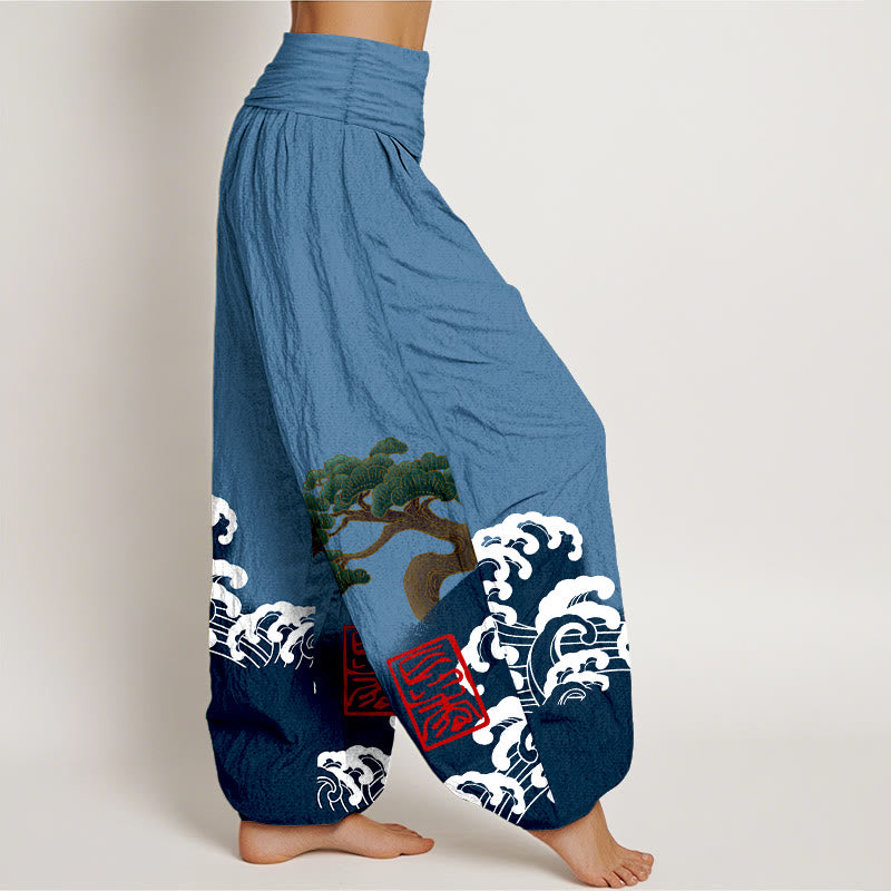 Haremshose aus reiner Baumwolle mit Buddha Stones -Print und Kiefernbaum-Muster mit rollenden Wellen für Damen mit elastischer Taille - image 6