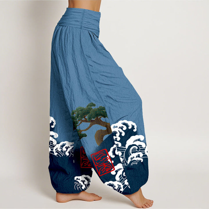 Haremshose aus reiner Baumwolle mit Buddha Stones -Print und Kiefernbaum-Muster mit rollenden Wellen für Damen mit elastischer Taille - image 6