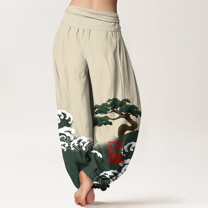 Haremshose aus reiner Baumwolle mit Buddha Stones -Print und Kiefernbaum-Muster mit rollenden Wellen für Damen mit elastischer Taille - image 10