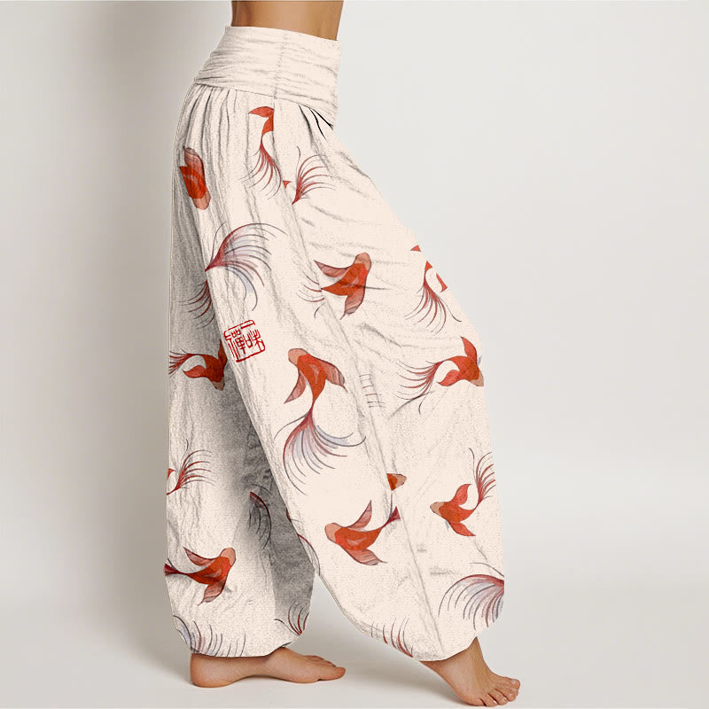 Haremshose aus reiner Baumwolle mit Buddha Stones -Print und Koi-Fisch-Muster für Damen mit elastischer Taille - image 1