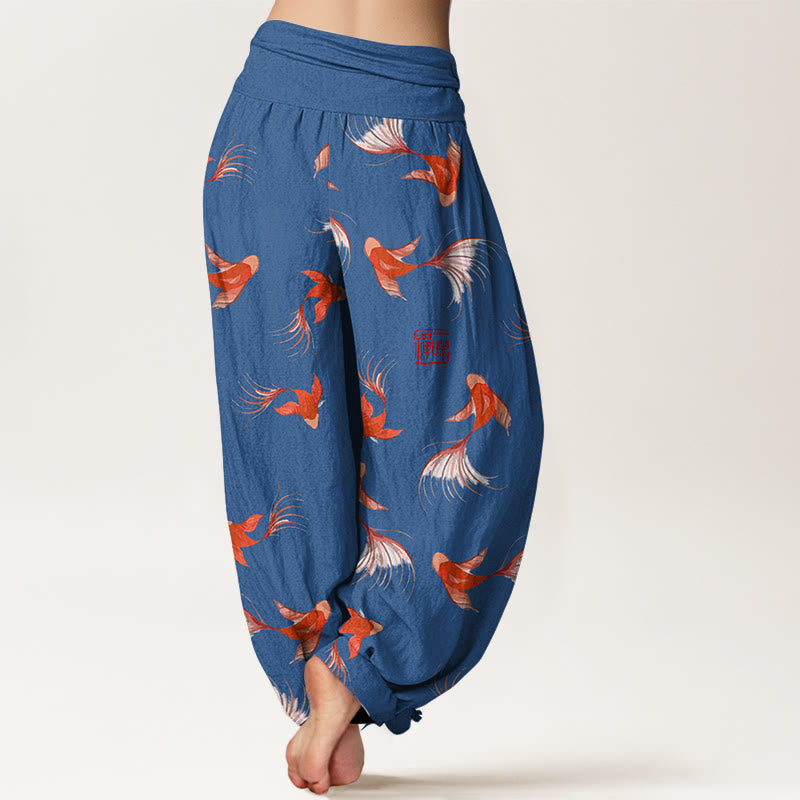 Haremshose aus reiner Baumwolle mit Buddha Stones -Print und Koi-Fisch-Muster für Damen mit elastischer Taille - image 10